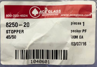 ACE GLASS 8250-20 HOLLOW FULL LENGTH GLASS STOPPER 45/50 JOINT