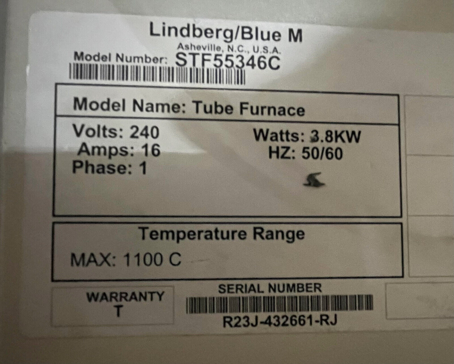 THERMO SCIENTIFIC LINDBERG BLUE M TUBE FURNACE STF55346C 240V MAX 1100C PARTS/RE