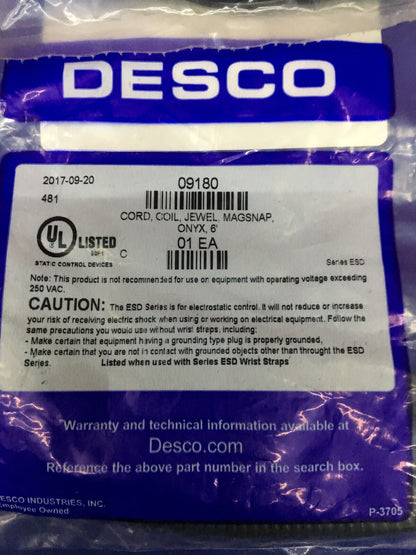 DESCO 09180 CORD,COIL,JEWEL,MAGSNAP,OYNX, 6" - 1 LOT QTY 4