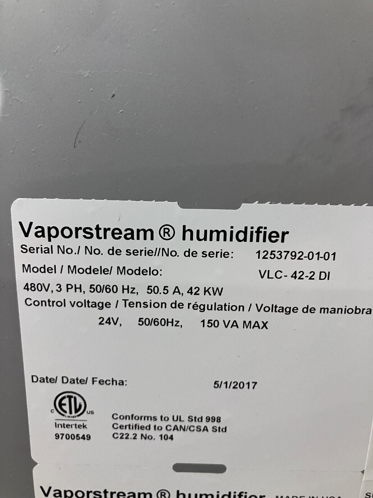 DRISTEEM ™  VAPORSTREEM® HUMIDIFIER   VLC-42-2 DI 480V, 3PH, 50/60HZ, 50.5A, 42K