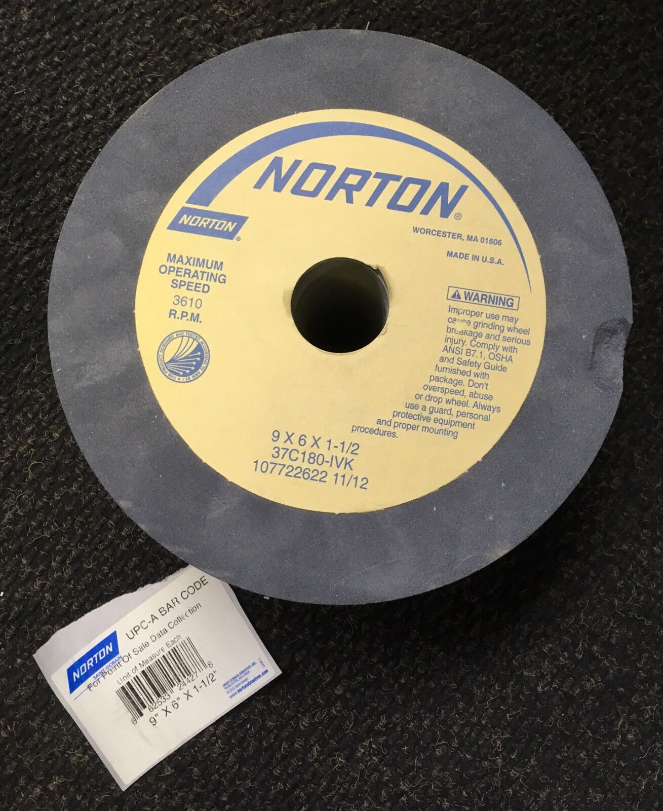 NORTON 6 X 6 X 1-1/2 37C180-IVK 107722622 11/12 GRINDING WHEEL