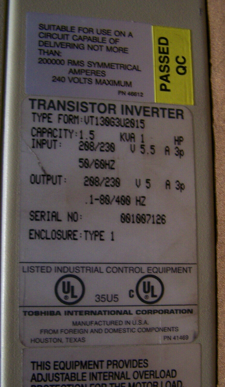 TOSHIBA MODELO G3 TOSVERT-130 INVERSOR TRANSISTOR