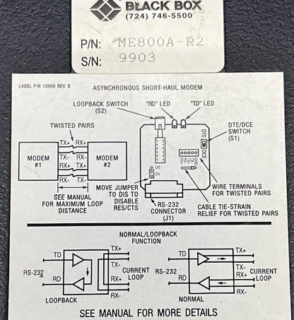 BLACK BOX ME800A-R2 ASYNC-KURZSTRECKENMODEM mit NETZTEIL UND KABEL 