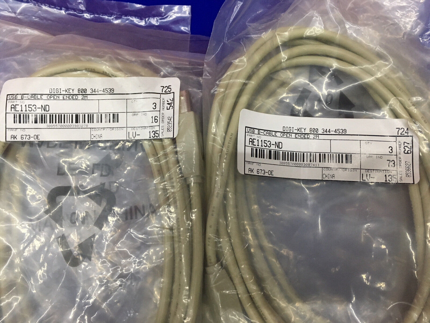 QTY 6 - DIGI-KEY AE1153-ND USB B-CABLES OPEN ENDED 2M