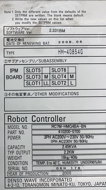 DENSO WAVE INC ROBOT CONTROLLER RC7M-HMG4BA-BN