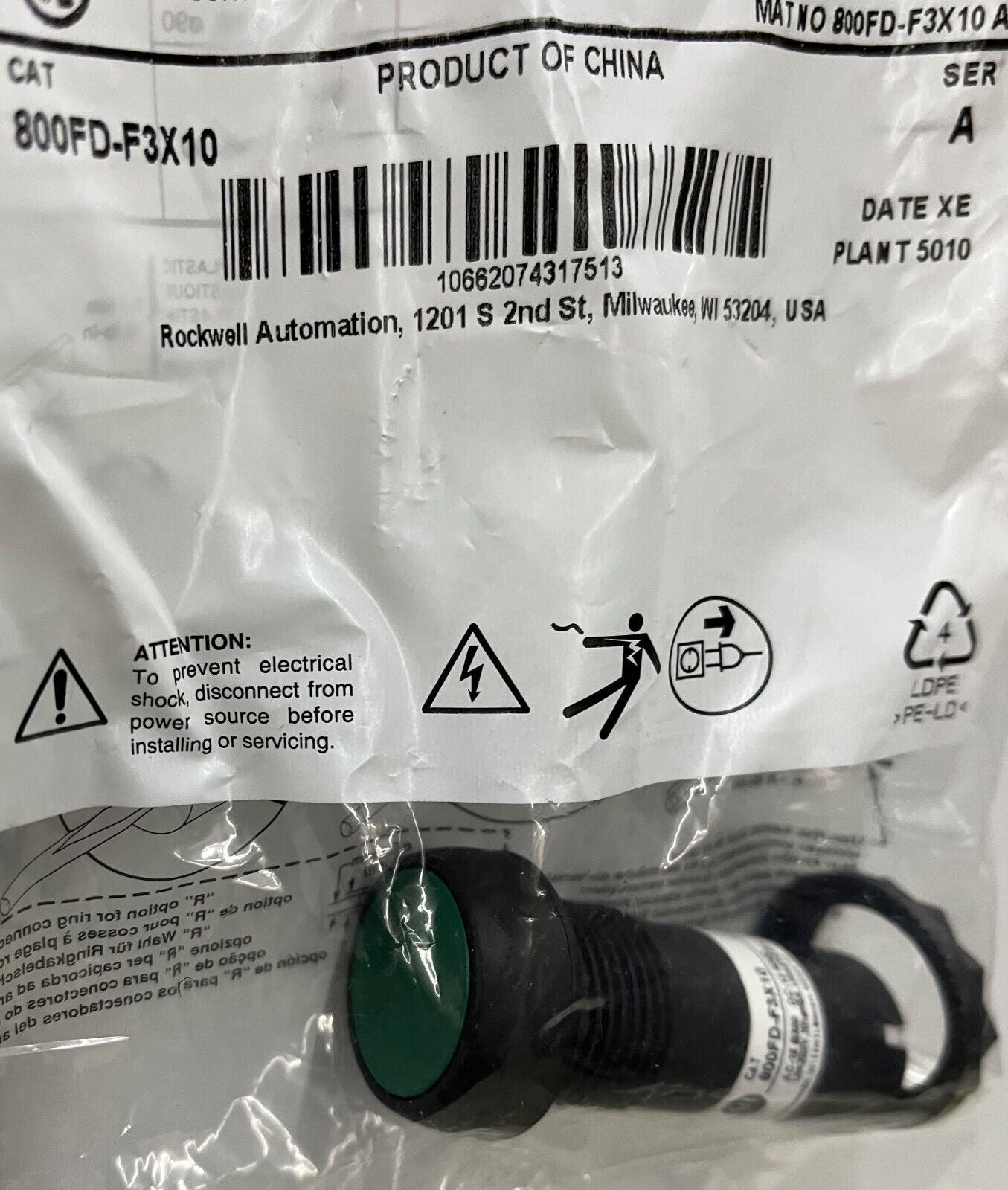 Allen Bradley 800FD-F3X10 SER A BOTÓN PULSADOR EMPOTRADO VERDE SIN MÓDULO DE ALIMENTACIÓN - CANTIDAD 12