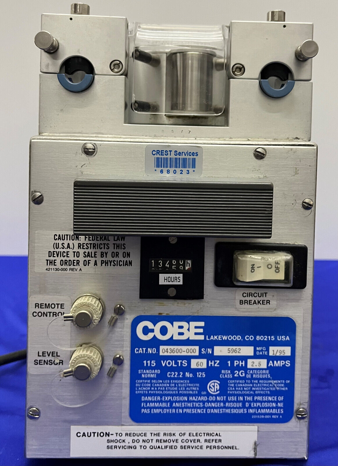 COBE PERFUSION SYSTEM CAT 043600-000 PRECISION BLOOD PUMP 115V 60HZ PARTS/REPAIR