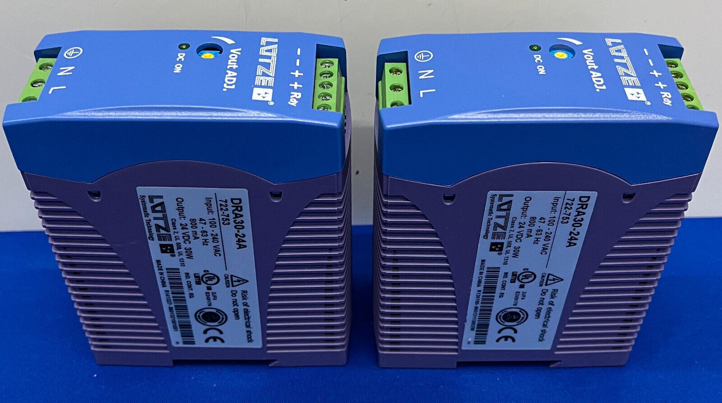 LUTZE / Luetze POWER SUPPLY DRA30-24A / 722-753 24VDC 30W - 1 LOT QTY OF 2