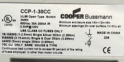 EATON BUSSMANN CIRCUIT BREAKER CCP-1-30CC 30Amp 600VAC LOT OF 4