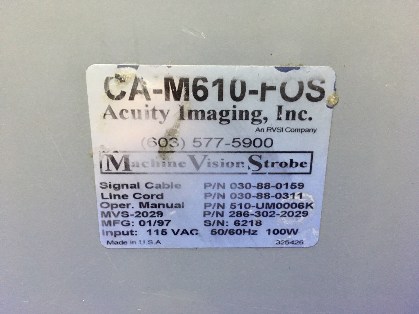 ACUITY IMAGING RVSI CA-M610-FOS MACHINE VISION STROBE