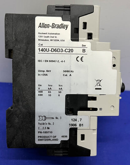 Allen Bradley AB CIRCUIT BREAKER MOTOR PROTECTOR 140U-D6D3 / 140U-D6D3-C20 SER B