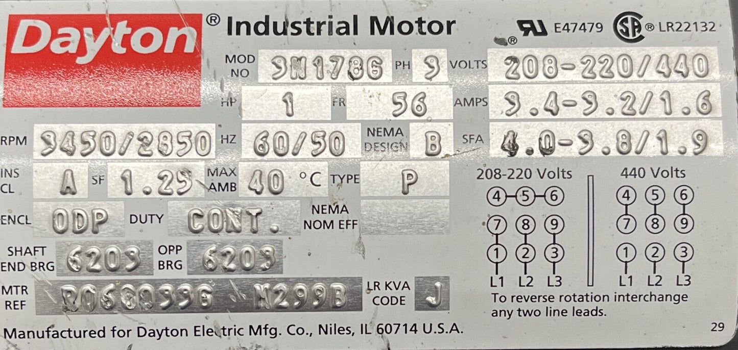 DAYTON ELECTRIC INDUSTRIAL MOTOR 3N178G MOTOR: 1 HP 3PH 3450/2850 RPM