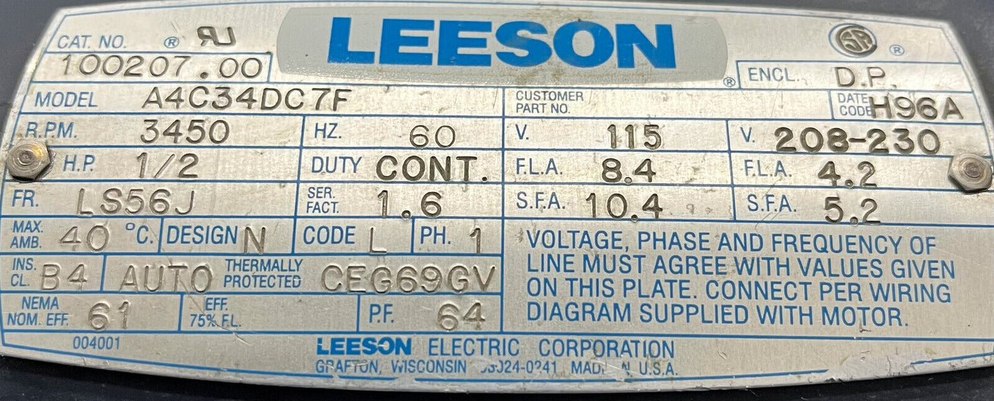 LEESON ELECTRIC A4C34DC7F 100207.00 MOTOR  1/2 HP GRINDING PLATFORM 5/8" SHAFT