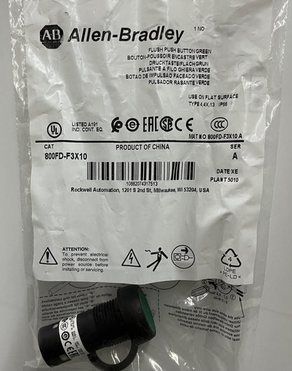 Allen Bradley 800FD-F3X10 SER A BOTÓN PULSADOR EMPOTRADO VERDE SIN MÓDULO DE ALIMENTACIÓN - CANTIDAD 12