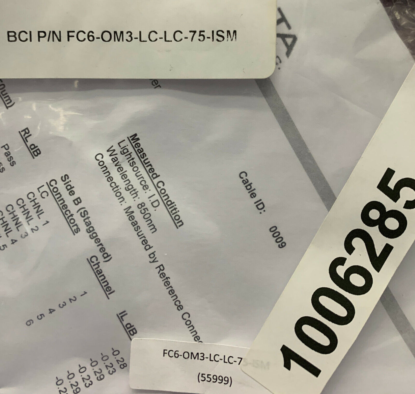 QTY 2 - BROADATA FC6-OM3-LC-LC-75-ISM 6-FIBER CABLE ASSY