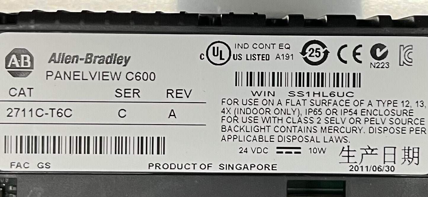 Allen Bradley AB PANELVIEW C600 2711C-T6C SER C con GABINETE - PIEZAS/REPARACIÓN