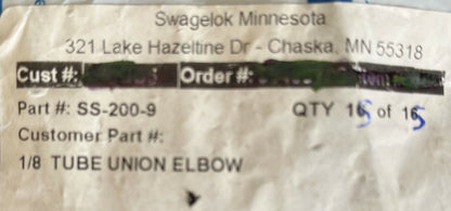1 paquete de 15 - Codo de unión de accesorios para tubos de acero inoxidable Swagelok SS-200-9 de 1/8"