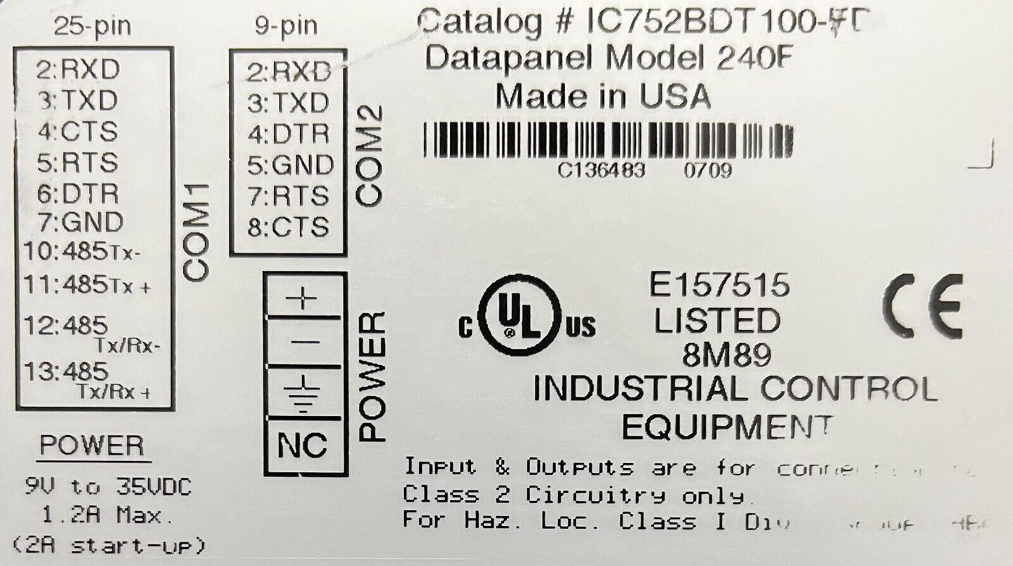 INTERFAZ DE OPERADOR FANUC GE IC752BDT100 FD / IC752BDT100-FD PANEL DE DATOS 240F