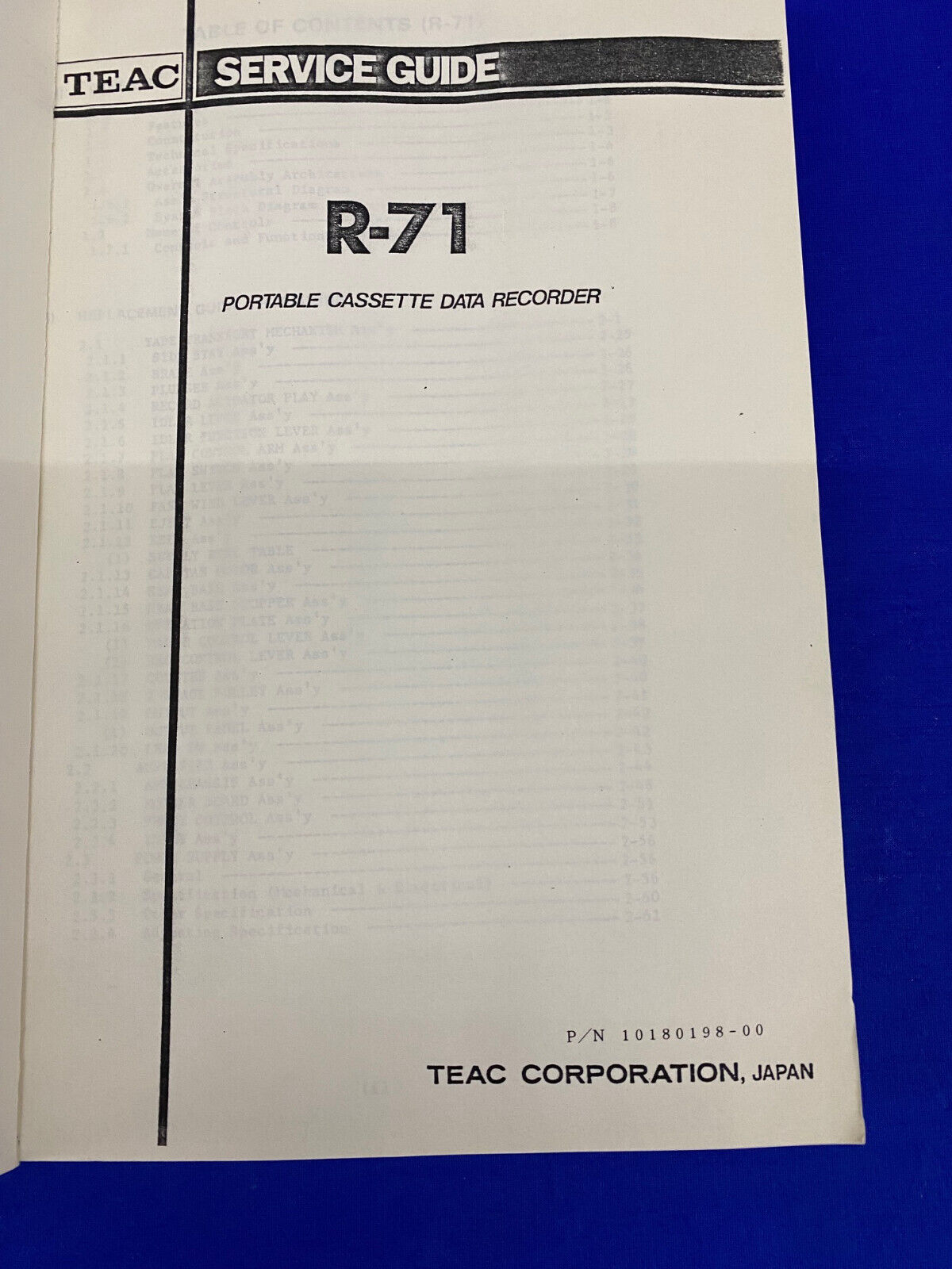 TEAC® R-71 OPERATOR'S MANUAL P/N 10111121-02 & SERVICE GUIDE P/N 10180198-00