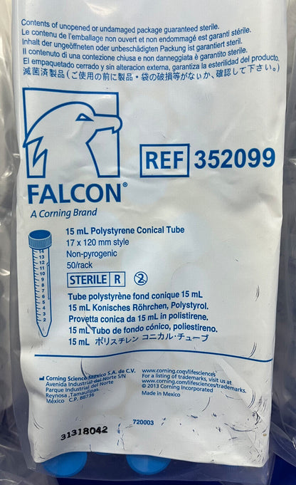 FALCON 352099 15mL CENTRIFUGE TUBE - 1 LOT QTY 3 PKGS/EACH PKG HAS QTY 50 TUBES