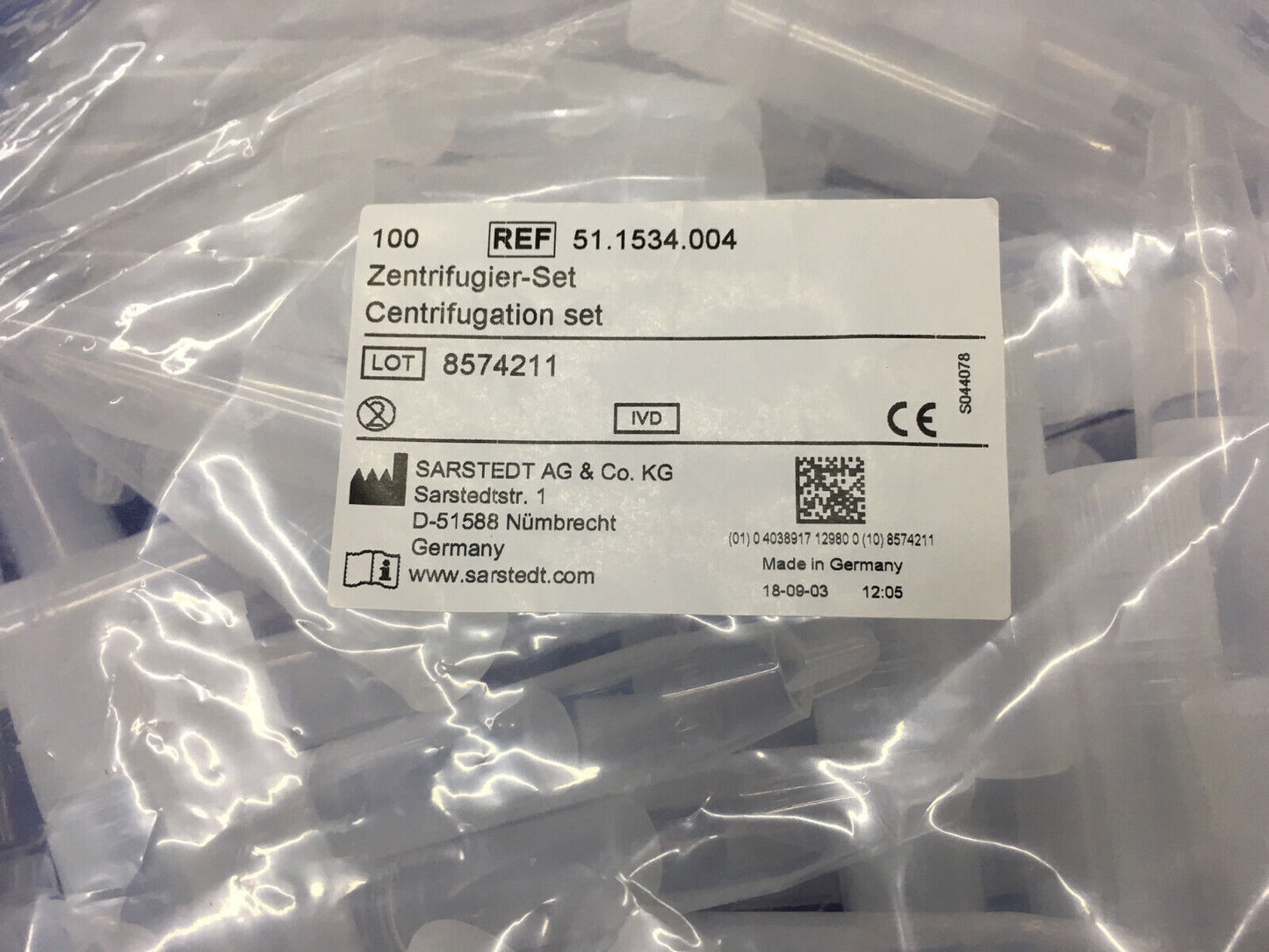 SARSTEDT 51.1534.004 / 51.1534 CENTRIFUGATION SET - 1 BOX OF QTY 500