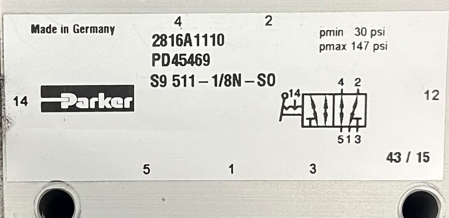 PARKER NEUMÁTICO PS45469 S9 511-1/8N-S0 PMIN 30pSI PMAX 147PSI