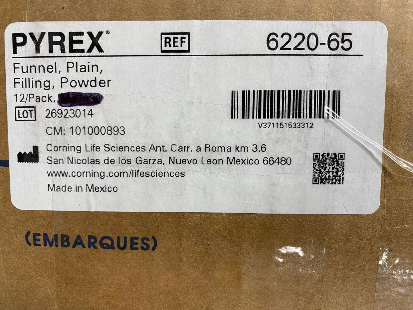 CORNING PYREX® 6220-65 FUNNEL PLAIN FILLING POWDER 65mm D - 1 PKG OF 12 FUNNELS