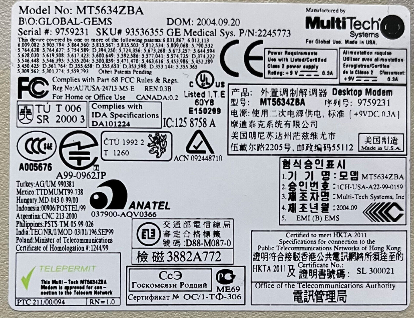 MULTI TECH SYSTEMS MT5634ZBA MULTIMODEM ZBA MIT KABELN UND NETZKABEL