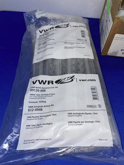 VWR 89130-888  10mL SEROLOGICAL PIPET - 1 BOX/QTY 2 BAGS/QTY 50 PIPETS EACH