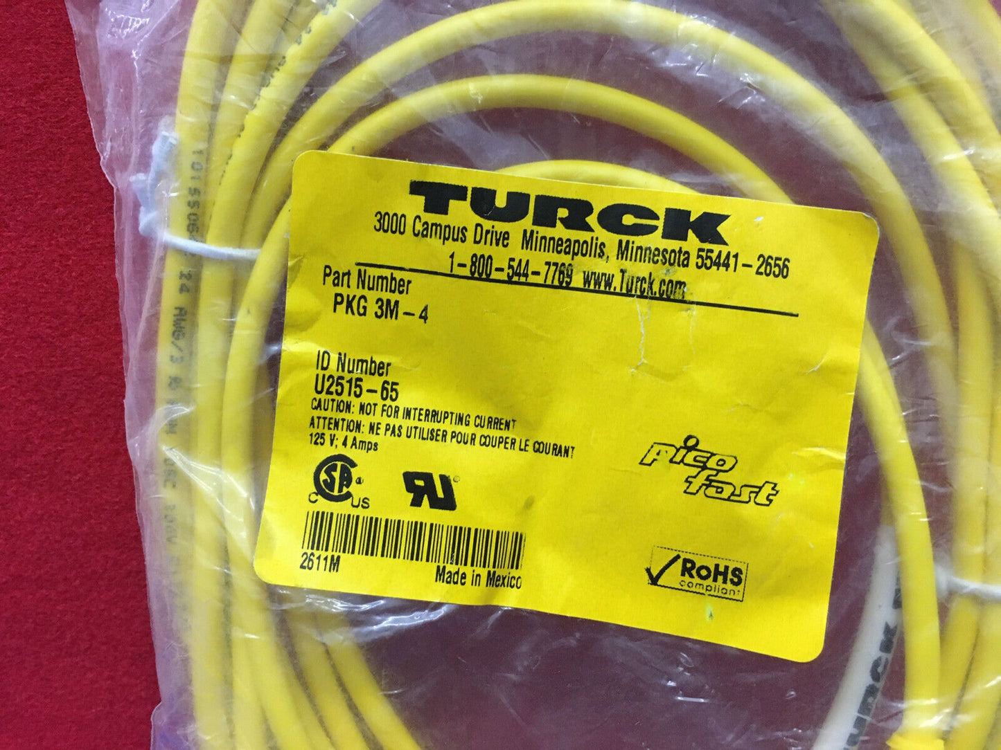 TURCK PAQUETE 3M-4 CABLE DE 4 METROS AMARILLO M8 HEMBRA A EXTREMO CORTADO 3 COND. PVC