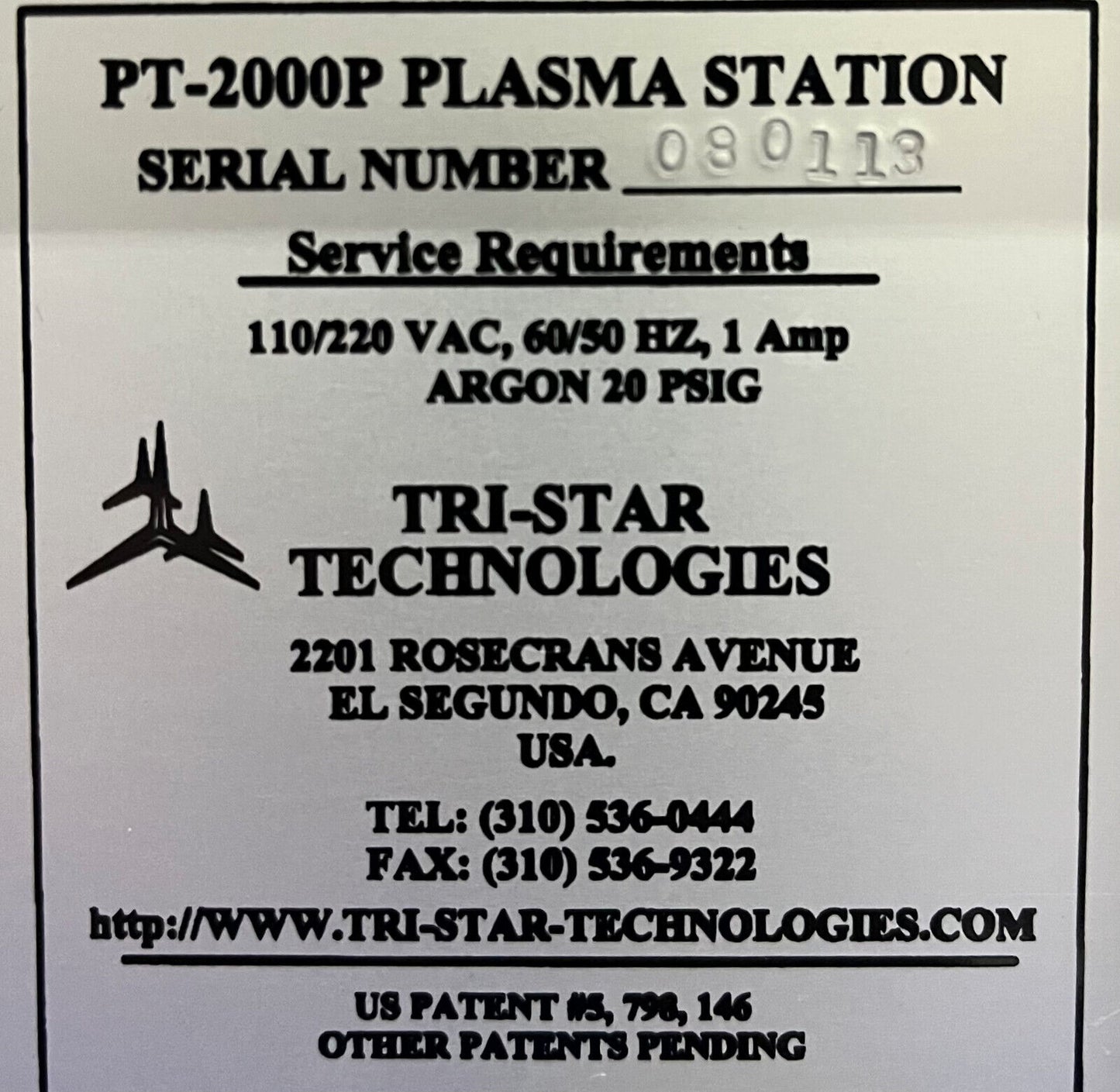 TRI-STAR DURADYNE PT-2000P ATMOSPHERIC PRESSURE PLASMA TREATMENT STATION - PARTS