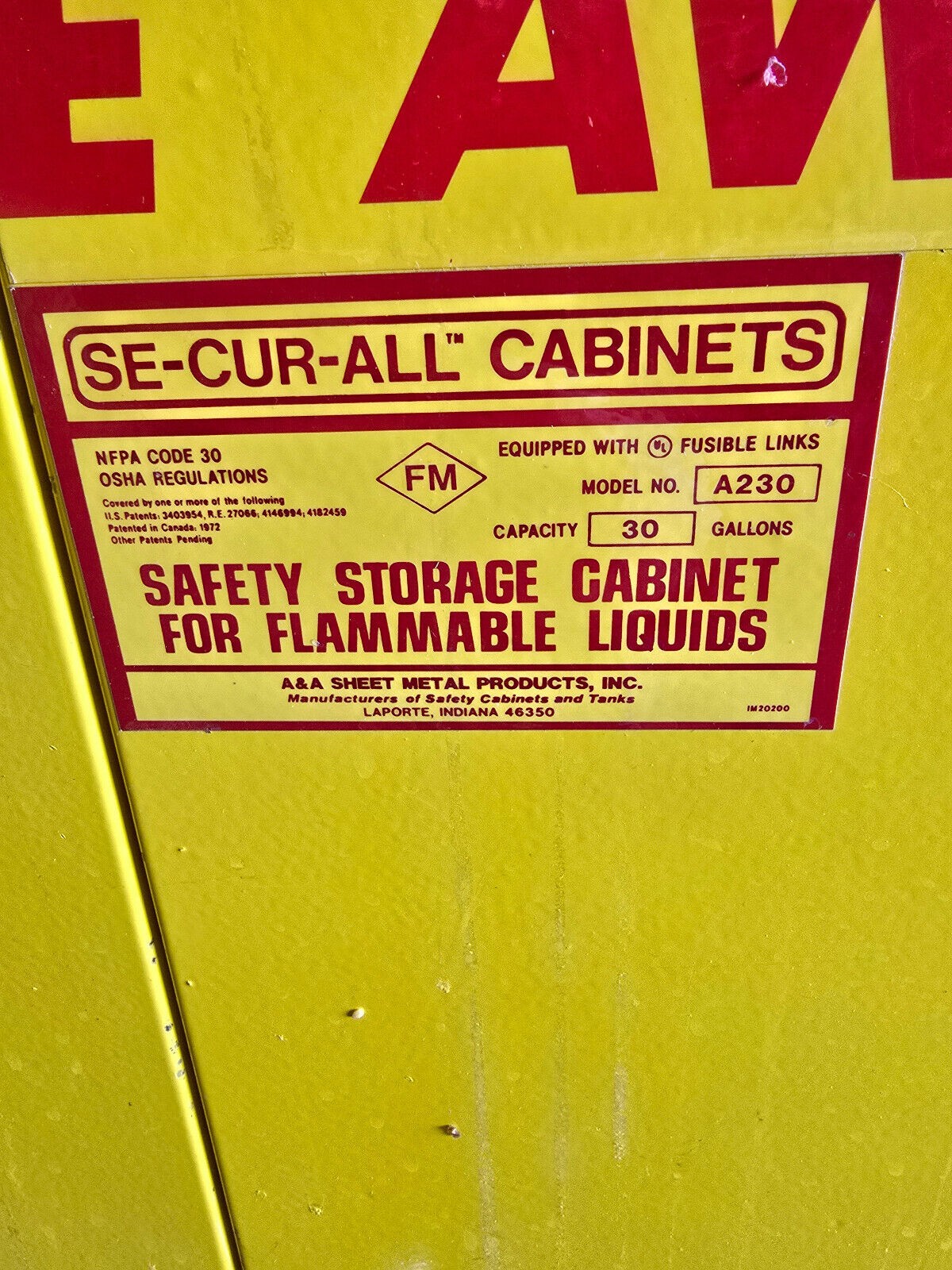 SE-CUR-ALL A230 30 GALLON SAFETY STORAGE CABINET. FLAMMABLE CABINET.