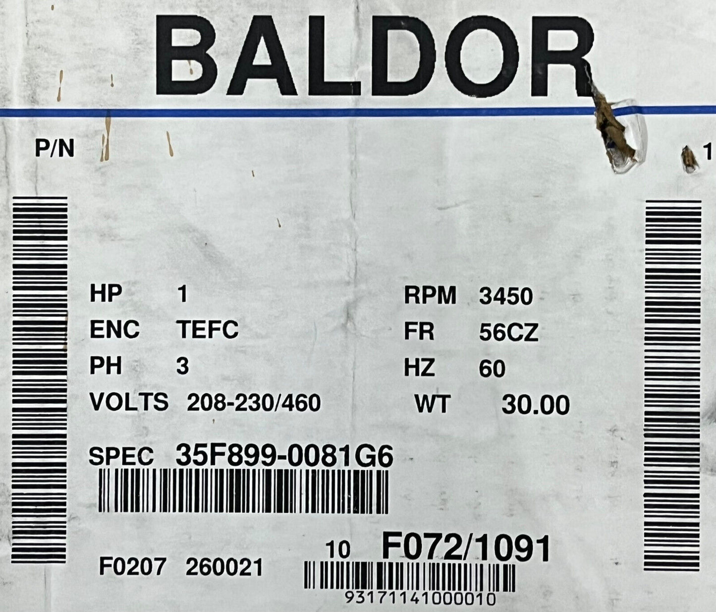 MOTOR INDUSTRIAL BALDOR ® 1HP V208-230/460 RPM: 3450 ESPECIFICACIÓN: 35F899-0081G6 PH3