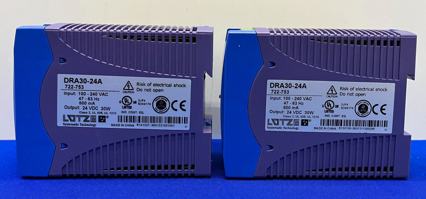 LUTZE / Luetze POWER SUPPLY DRA30-24A / 722-753 24VDC 30W - 1 LOT QTY OF 2