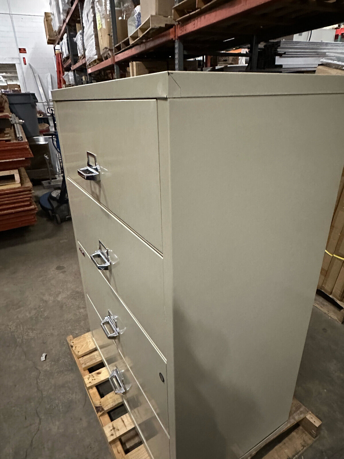 FIRE KING 4 DRAWER LATERAL FIREPROOF CABINET. HAS LOCK AND KEY. 37.5" x 52 3/4"