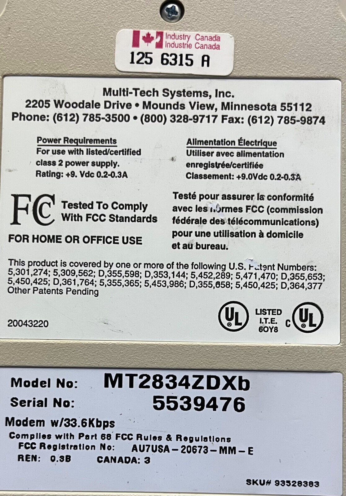 MULTI-TECH SYSTEMS MULTIMODEM ™ MT2834ZDXb 33.6K bps DATA/FAX MODEM