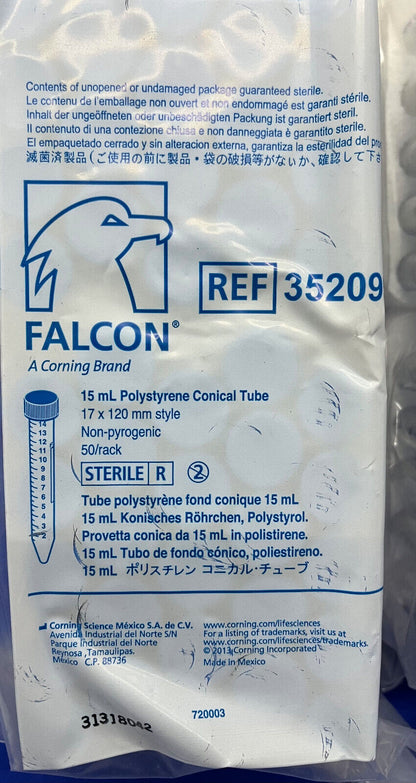 FALCON 352099 15mL CENTRIFUGE TUBE - 1 LOT QTY 3 PKGS/EACH PKG HAS QTY 50 TUBES