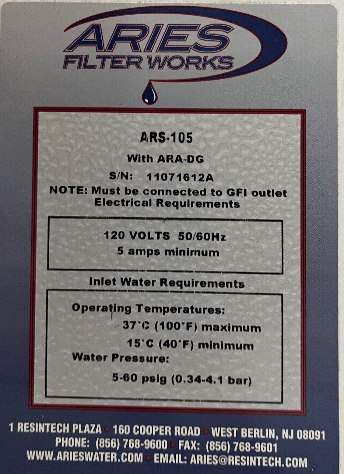 SISTEMA DE PURIFICACIÓN DE AGUA DE ALTA PUREZA ARIES FILTERWORKS ARS-105 - PIEZAS/REPARACIÓN