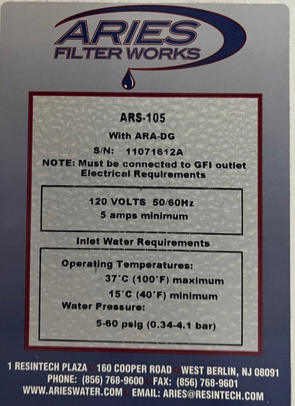 SISTEMA DE PURIFICACIÓN DE AGUA DE ALTA PUREZA ARIES FILTERWORKS ARS-105 - PIEZAS/REPARACIÓN