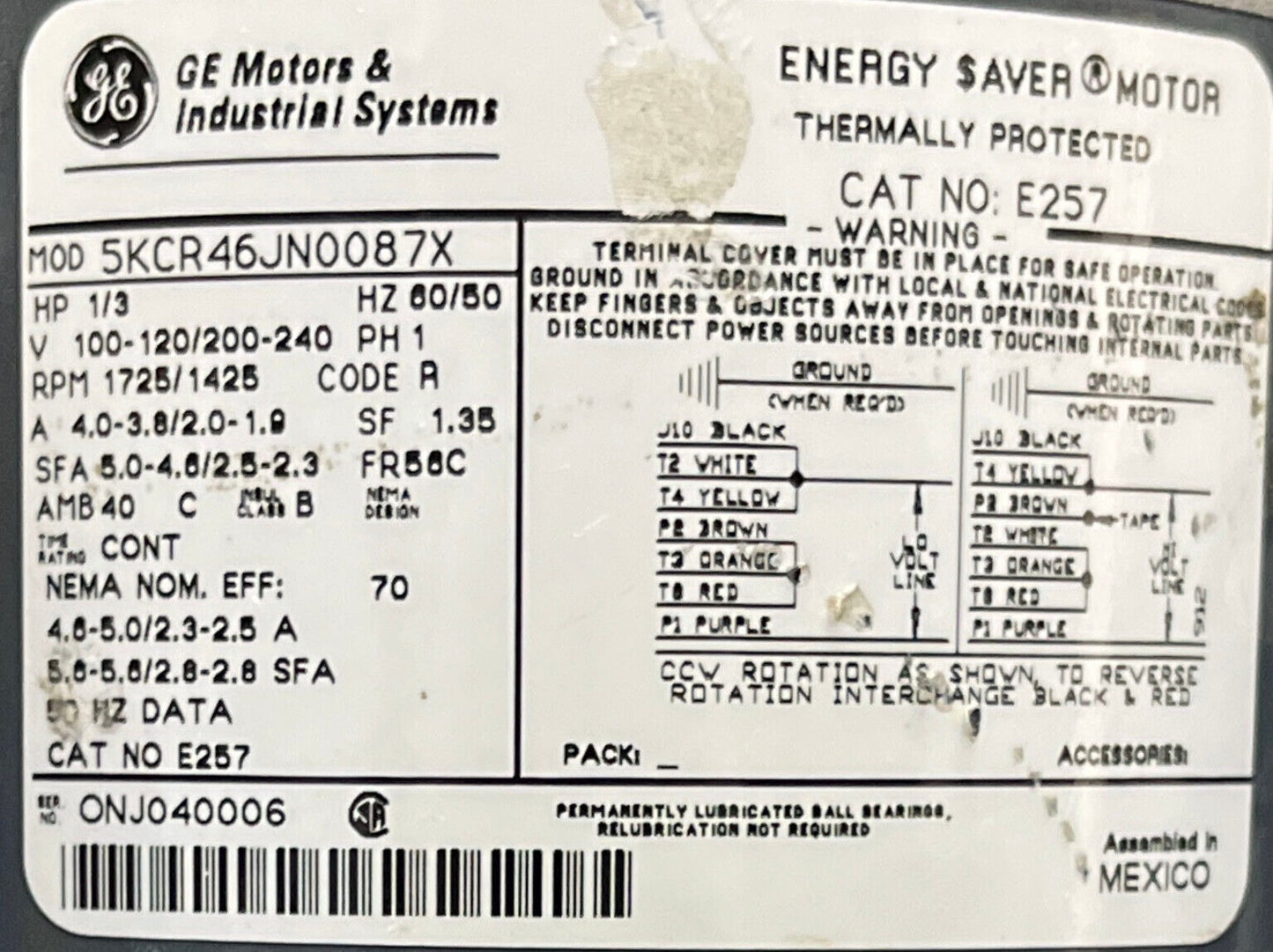 MOTOR GE GENERAL ELECTRIC E257 5KCR46JN0087X ENERGY SAVER® 1/3HP RPM - 1725/1425