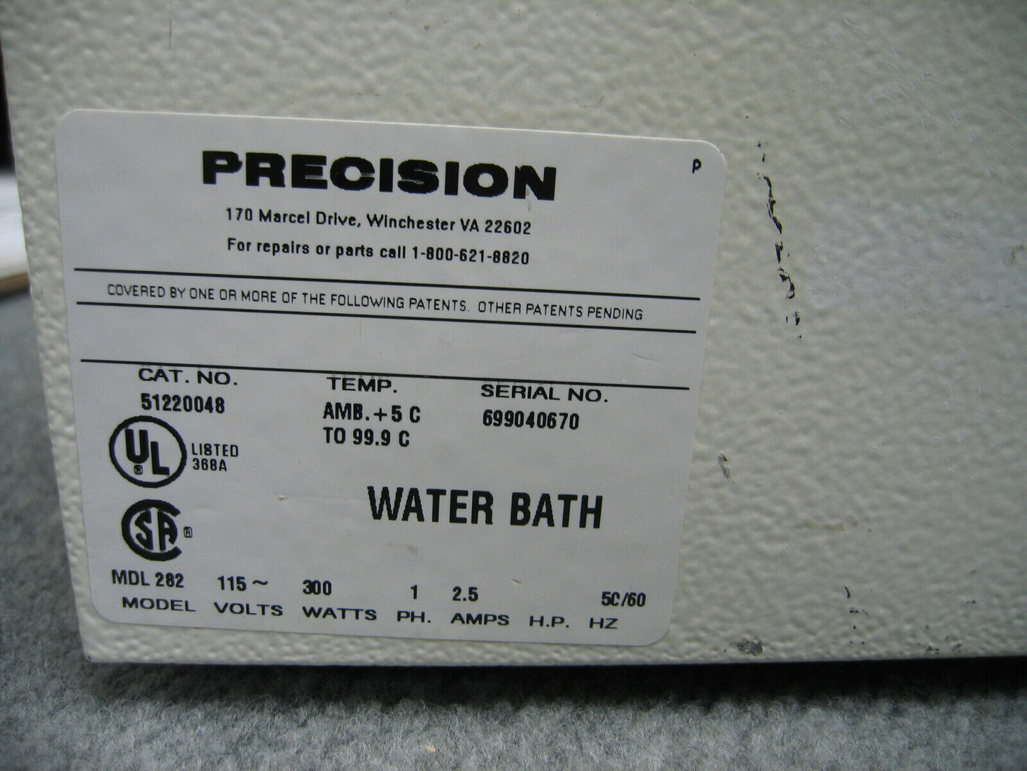 PRECISION MDL 282 / CAT NO 51220048 HEATED WATER BATH NO LID