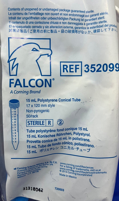 FALCON 352099 15mL CENTRIFUGE TUBE - 1 LOT QTY 3 PKGS/EACH PKG HAS QTY 50 TUBES