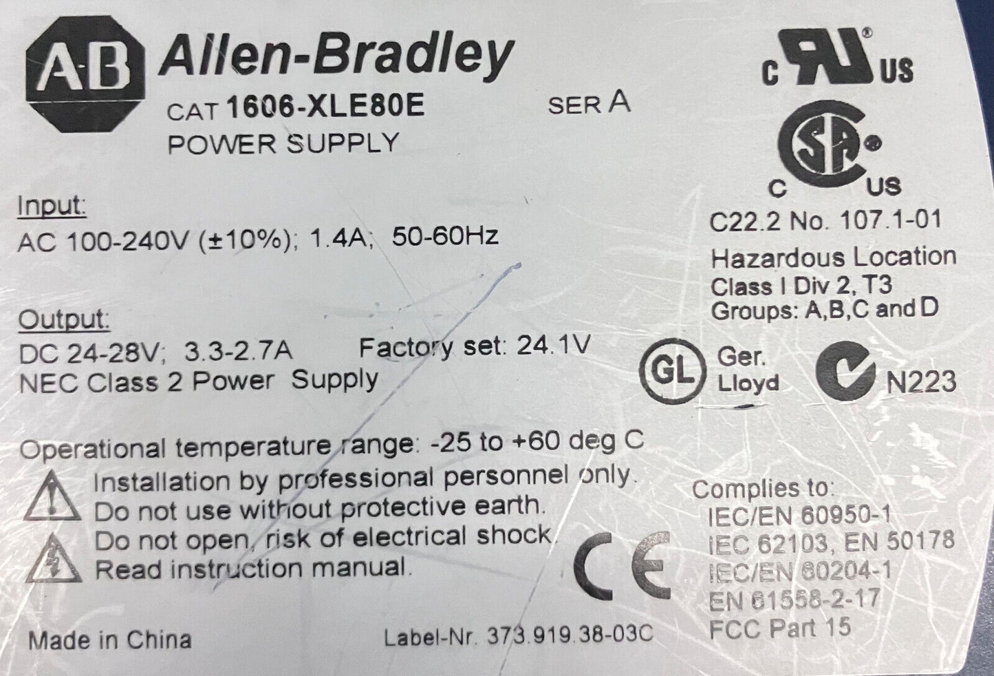 ALLEN BRADLEY POWER SUPPLY 1606-XLE80E SER A AC 100-240V, 1.4A, 50-60HZ