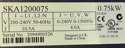 EMERSON CONTROL TECHNIQUES SKA1200075 VECTOR CONTROL DRIVE 240VAC - PARTS/REPAIR