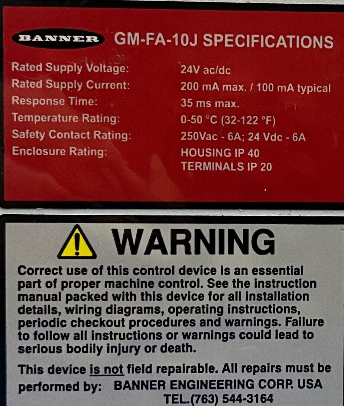 BANNER MACHINE SAFETY GM-FA-10J MODULE 24V AC/DC 250 VAC-6A