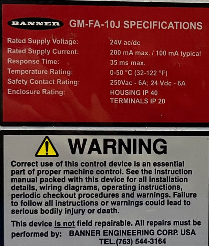 BANNER MACHINE SAFETY GM-FA-10J MODULE 24V AC/DC 250 VAC-6A