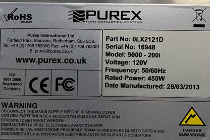 PUREX 0LX2121D 9000 - 200i FUME EXTRACTOR - FOR PARTS/REPAIR