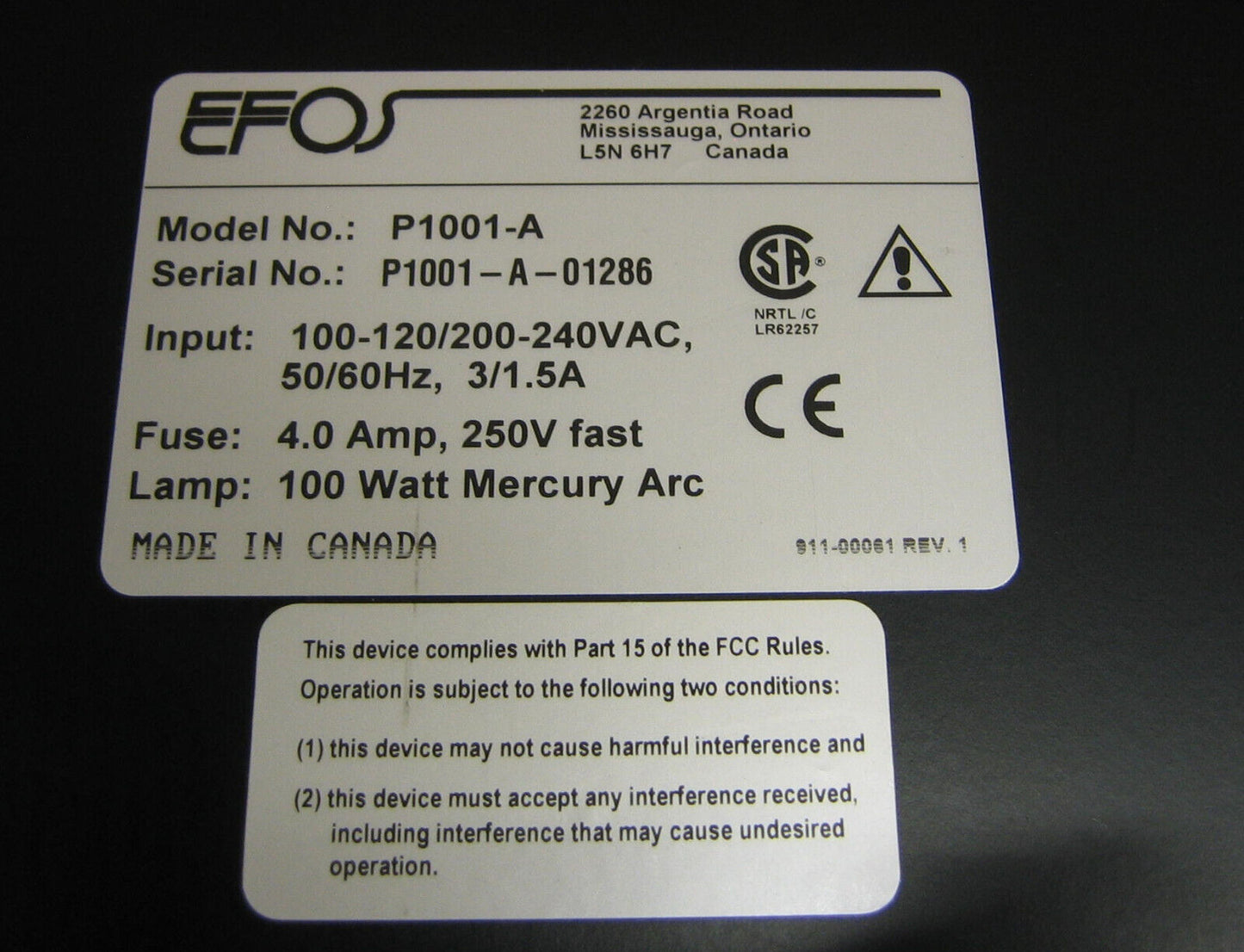 EFOS ULTRACURE 100SS PLUS P1011-A NO LAMP POWERS ON UNTESTED -  PART OR REPAIR