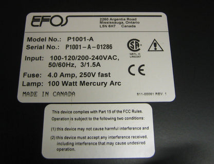 EFOS ULTRACURE 100SS PLUS P1011-A NO LAMP POWERS ON UNTESTED -  PART OR REPAIR