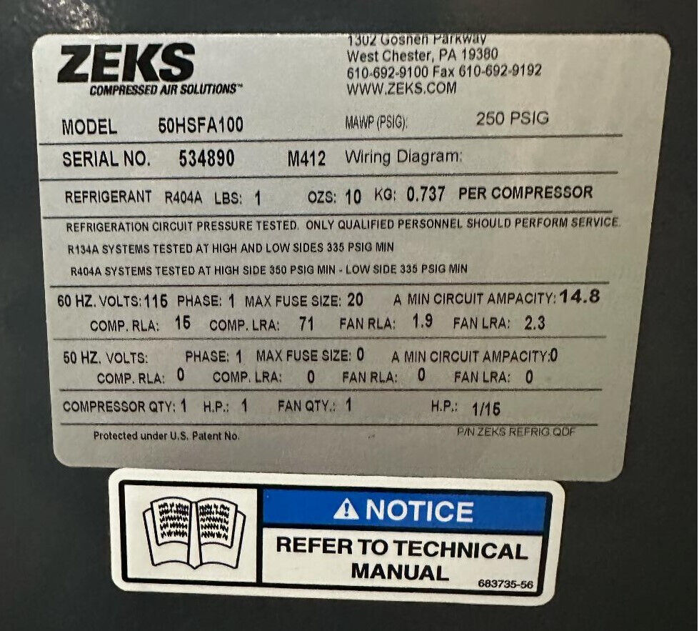 ZEKS 50HSFA100 SECADOR DE AIRE DE CICLO REAL CON DISIPADOR DE CALOR - PARA PIEZAS/REPARACIÓN - SIN PROBAR